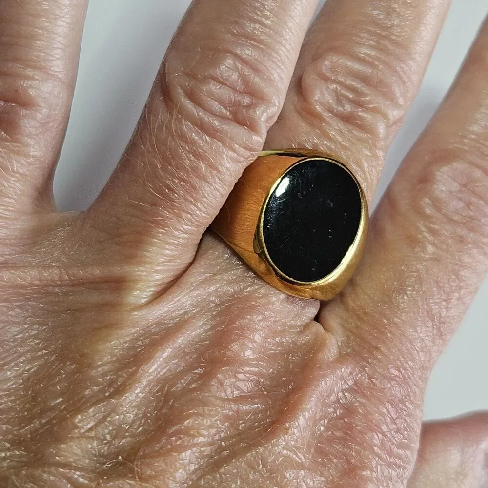 Gold Tone Black Oval Enamel Ring Chunky Size 8 - Picture 5 of 12